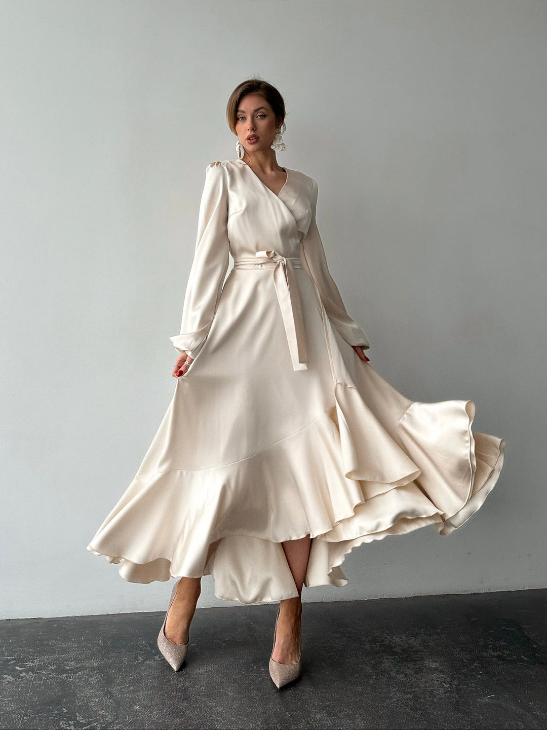 ivory beige silk polyester dress wrap v-neck long maxi for formal party wedding front view