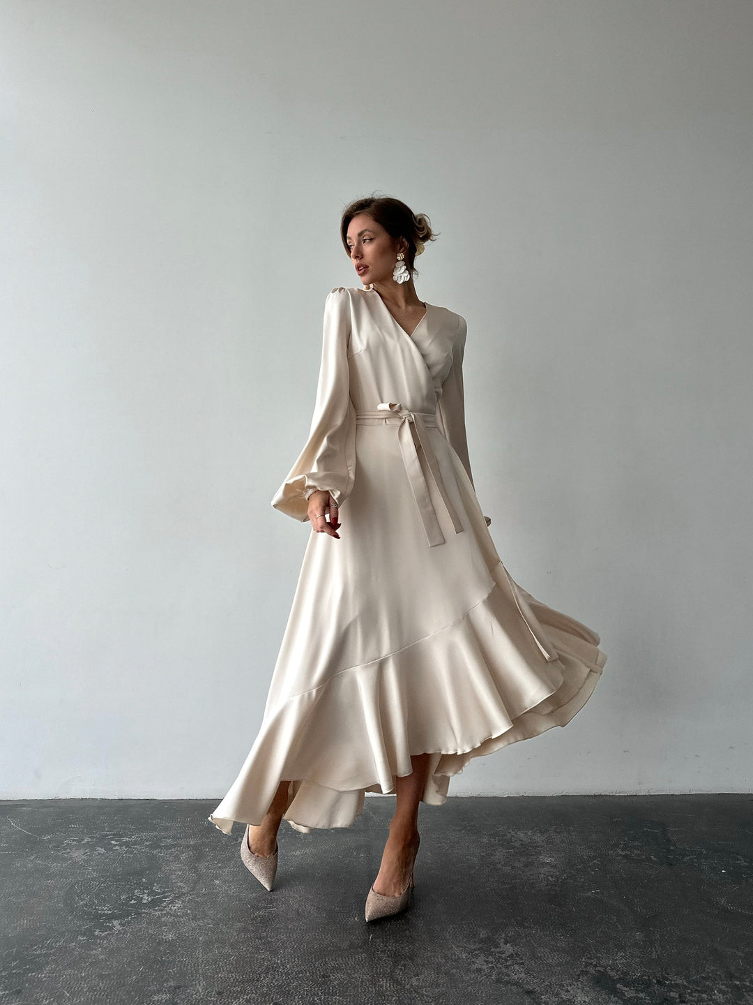 Bella Satin Wrap Dress Ivory