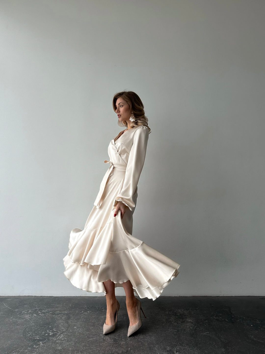 Bella Satin Wrap Dress Ivory