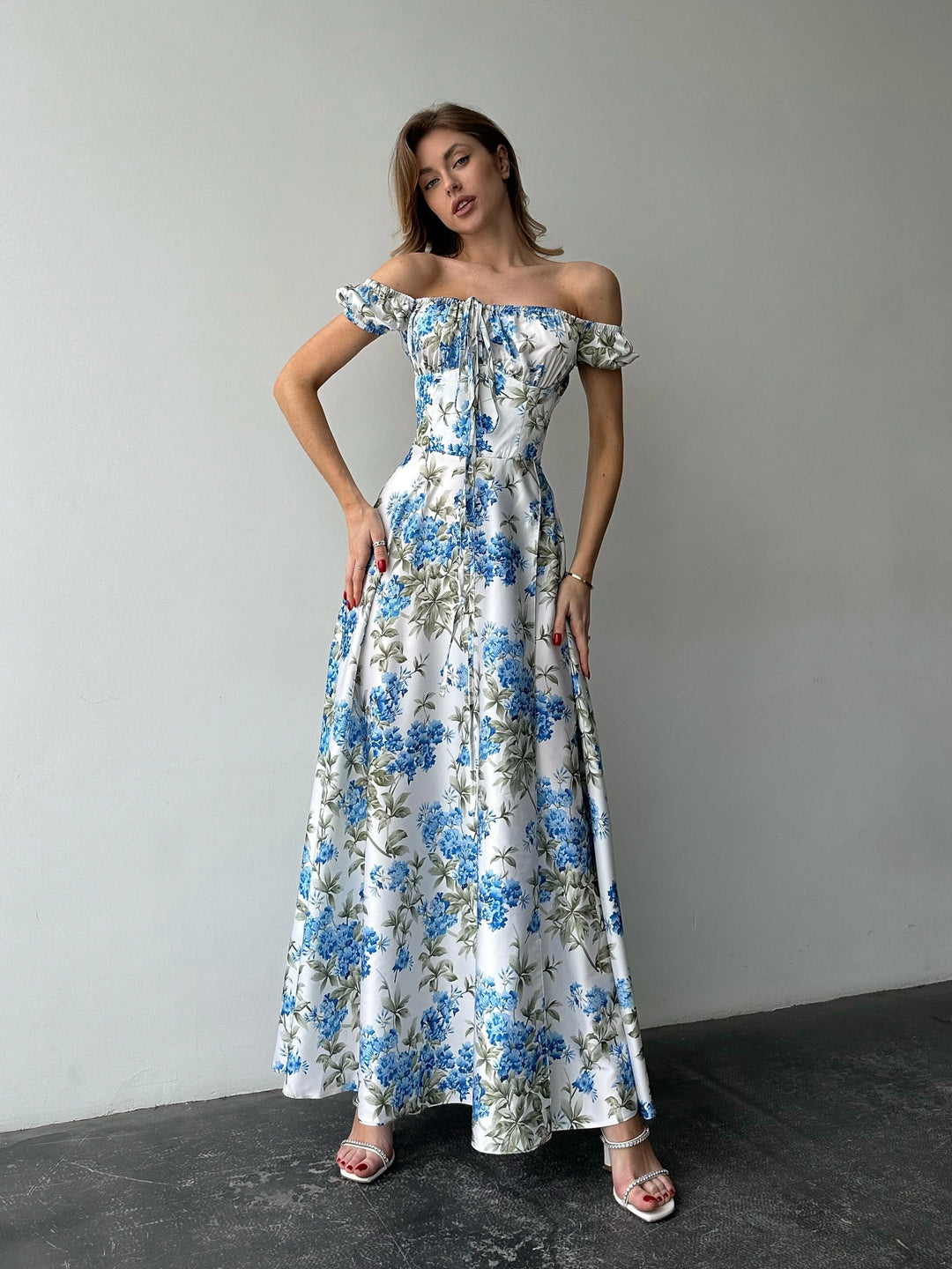 floral silk polyester dress gown sweetheart short maxi for formal party front view