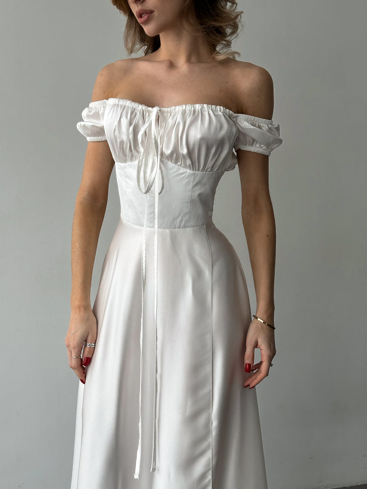 white silk polyester dress gown sweetheart short maxi for formal wedding front view