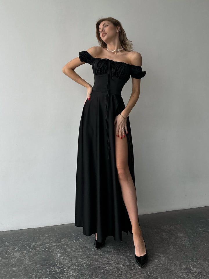 black silk polyester dress gown sweetheart short maxi for formal party front view