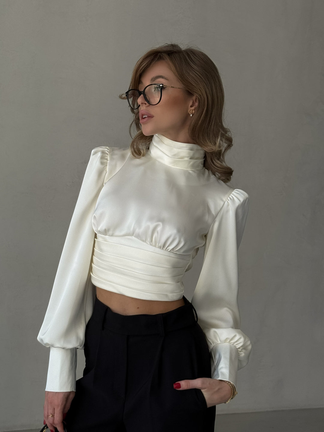 ivory silk polyester satin blouse turtle long for party front view