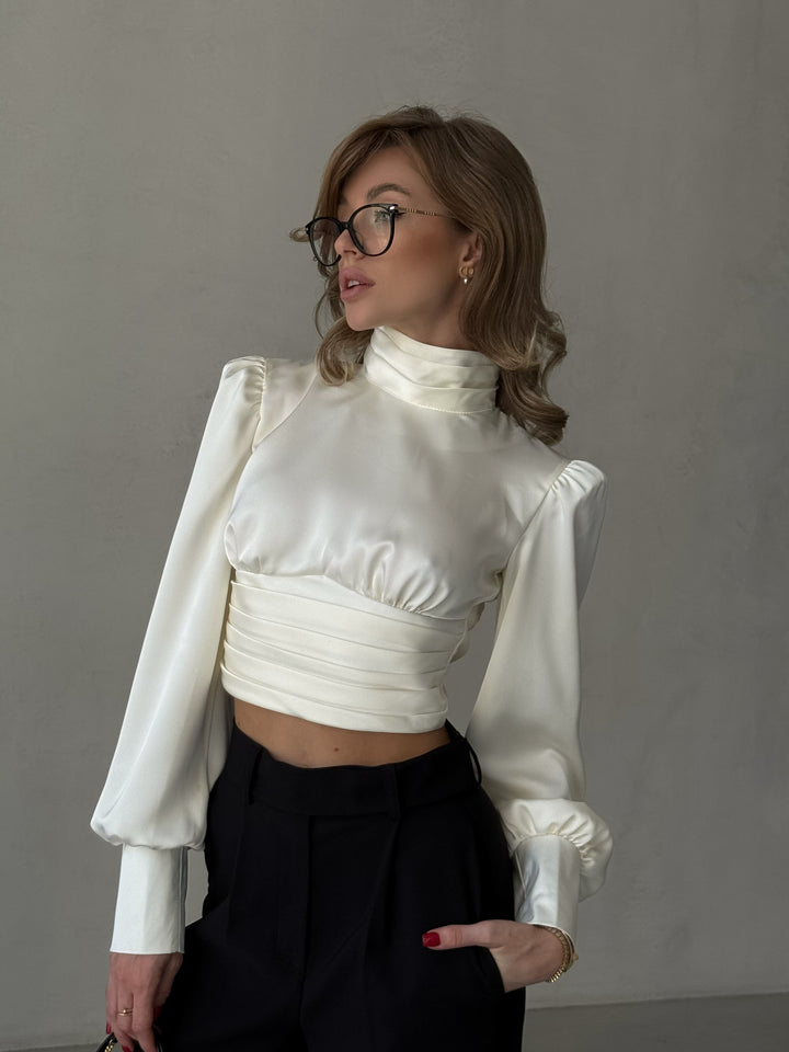 ivory silk polyester satin blouse turtle long for party front view