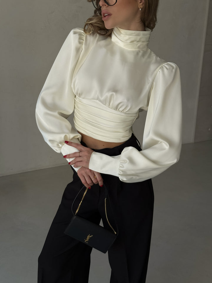 Maya Satin Midriff blouse Open Back Ivory