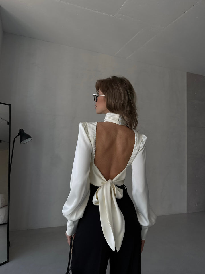 Maya Satin Midriff blouse Open Back Ivory