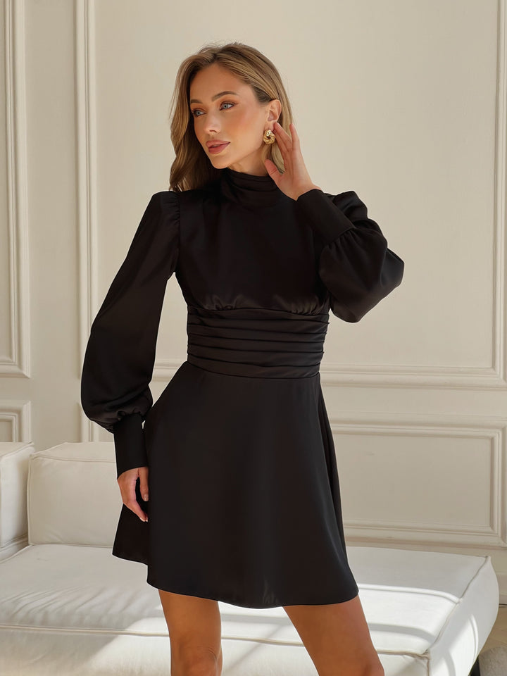 black silk polyester dress a-line turtle long mini for formal party front view