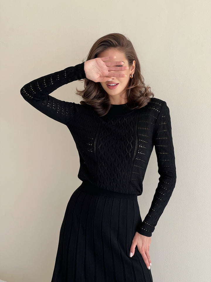 black cotton viscose polyester dress a-line sheath crew round midi for everyday casual religious-ceremony school front view
