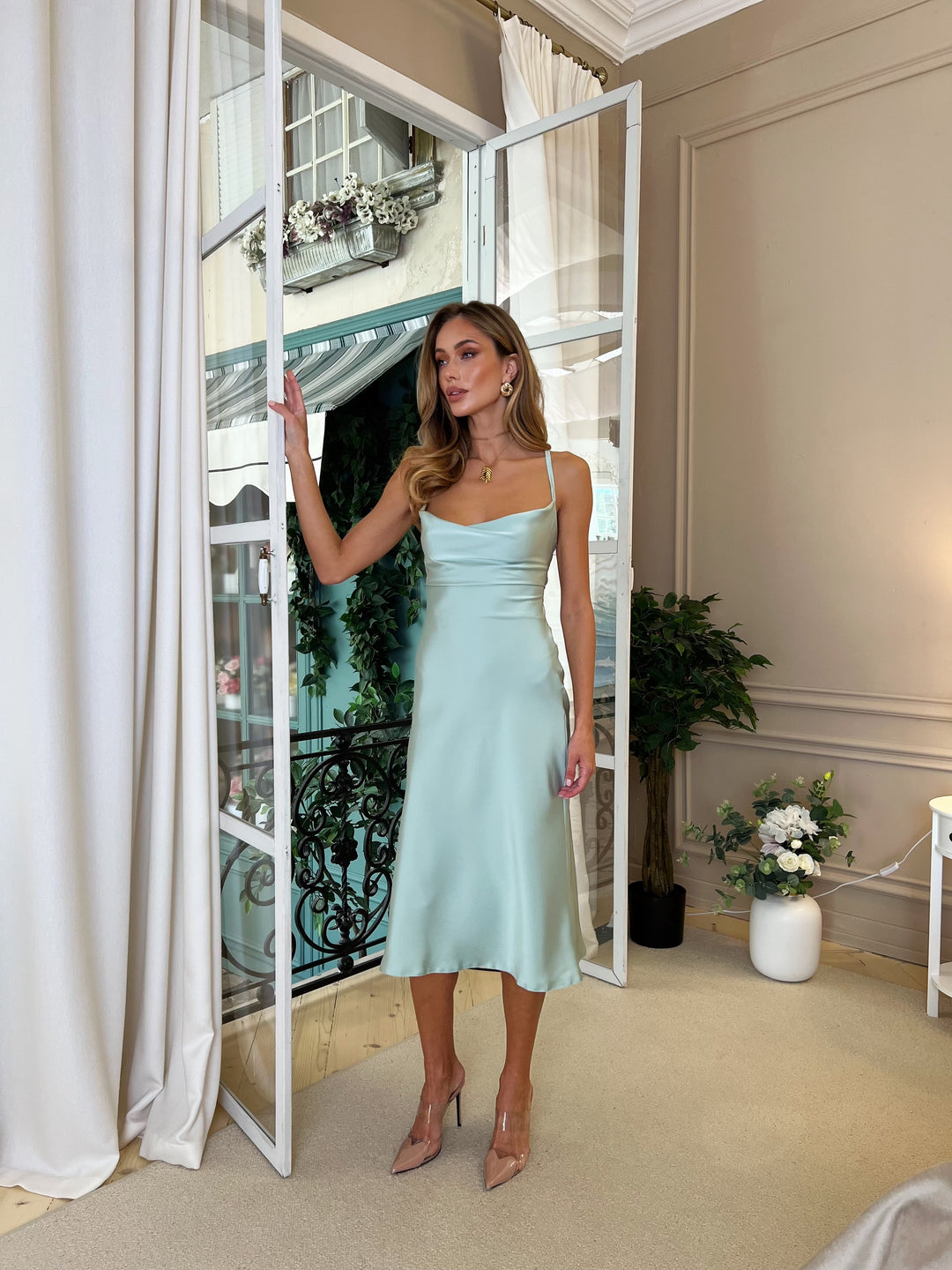 Ninel Satin Slip Dress Pistachio