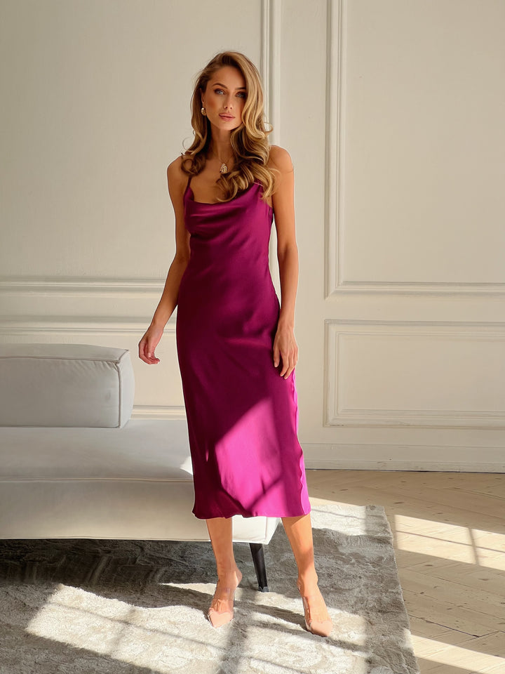 Selin Open back silk slip fuchsia