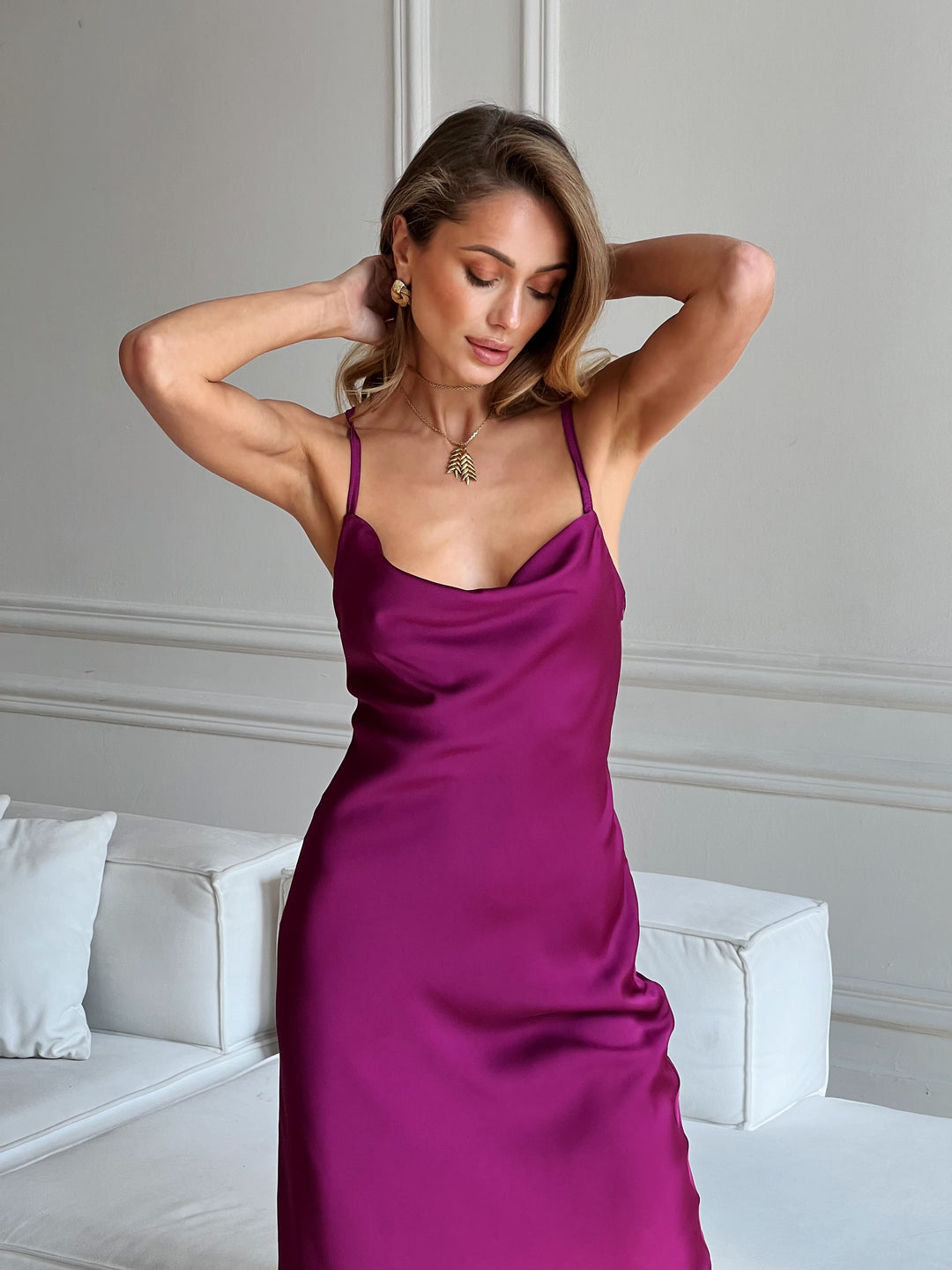 Selin Open back silk slip fuchsia