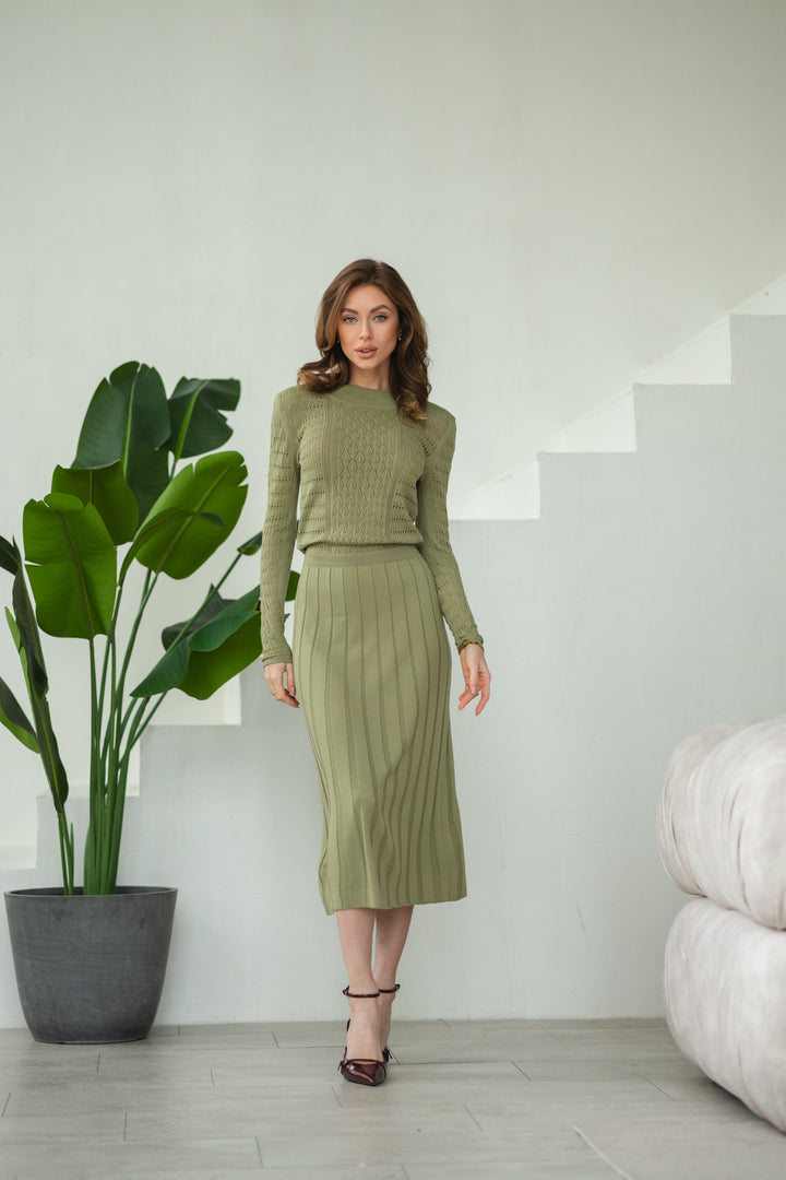 Knit Hollow Out Dress Olive Green