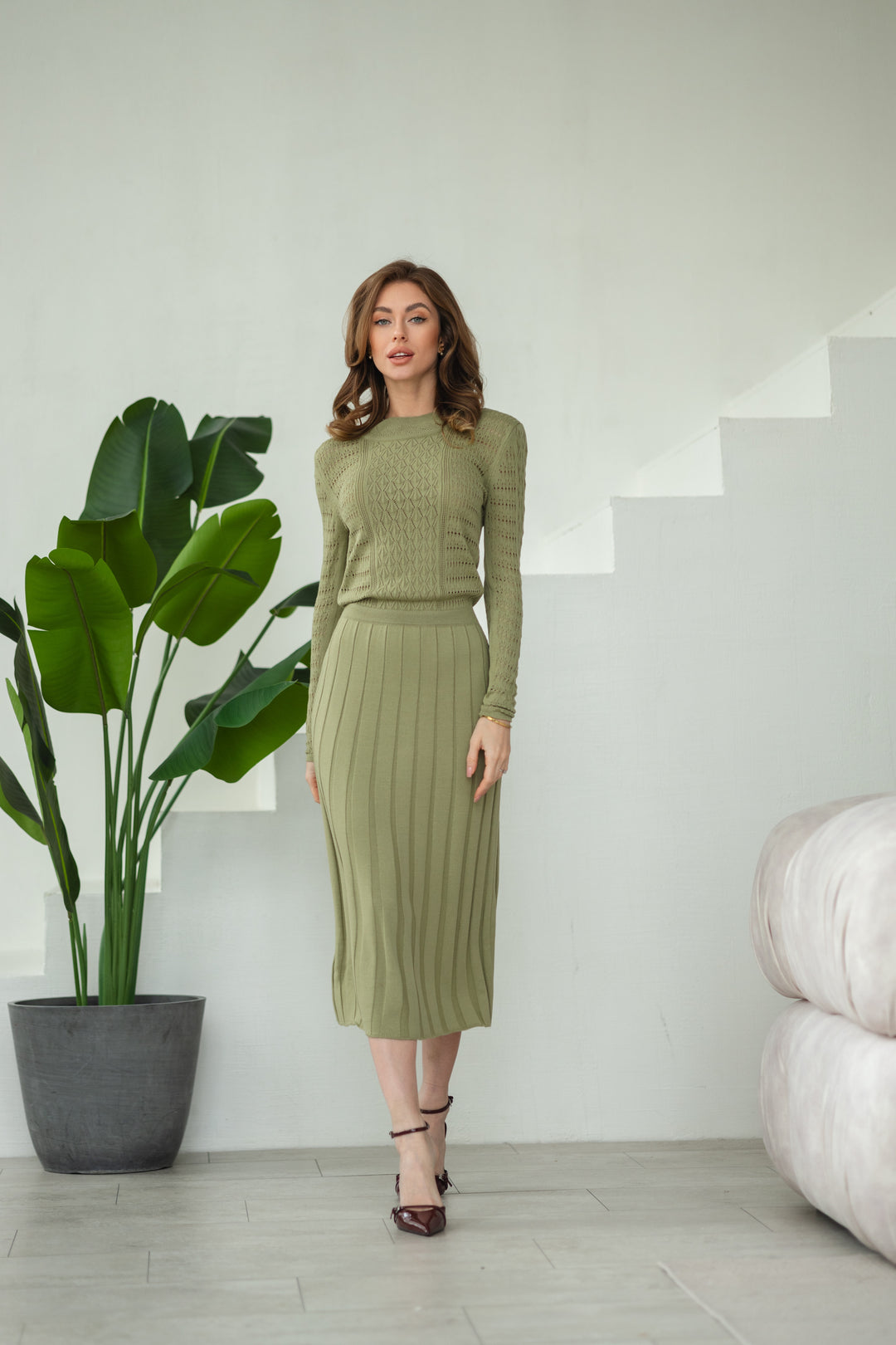 Knit Hollow Out Dress Olive Green