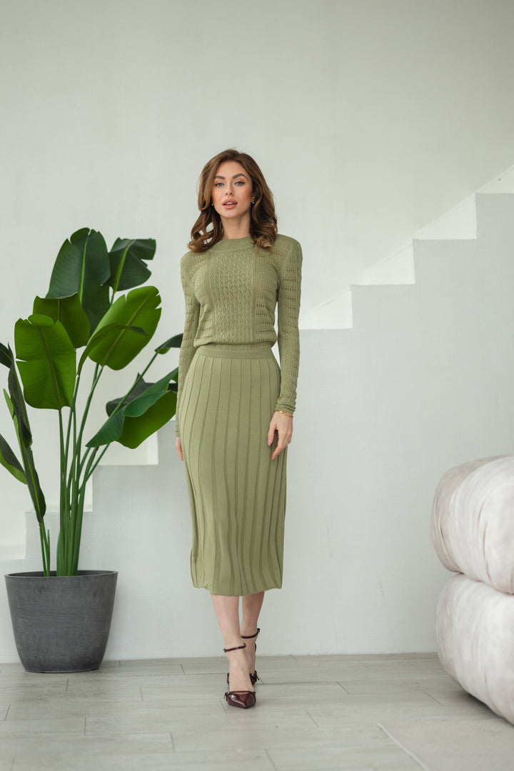 Knit Hollow Out Dress Olive Green