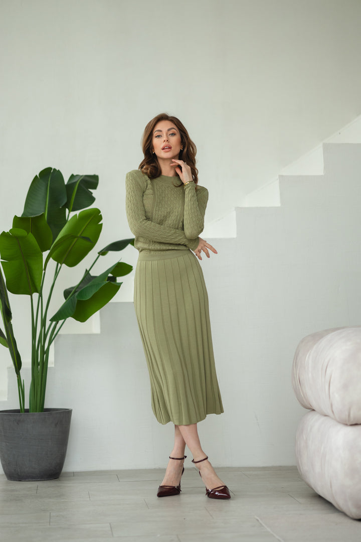 Knit Hollow Out Dress Olive Green
