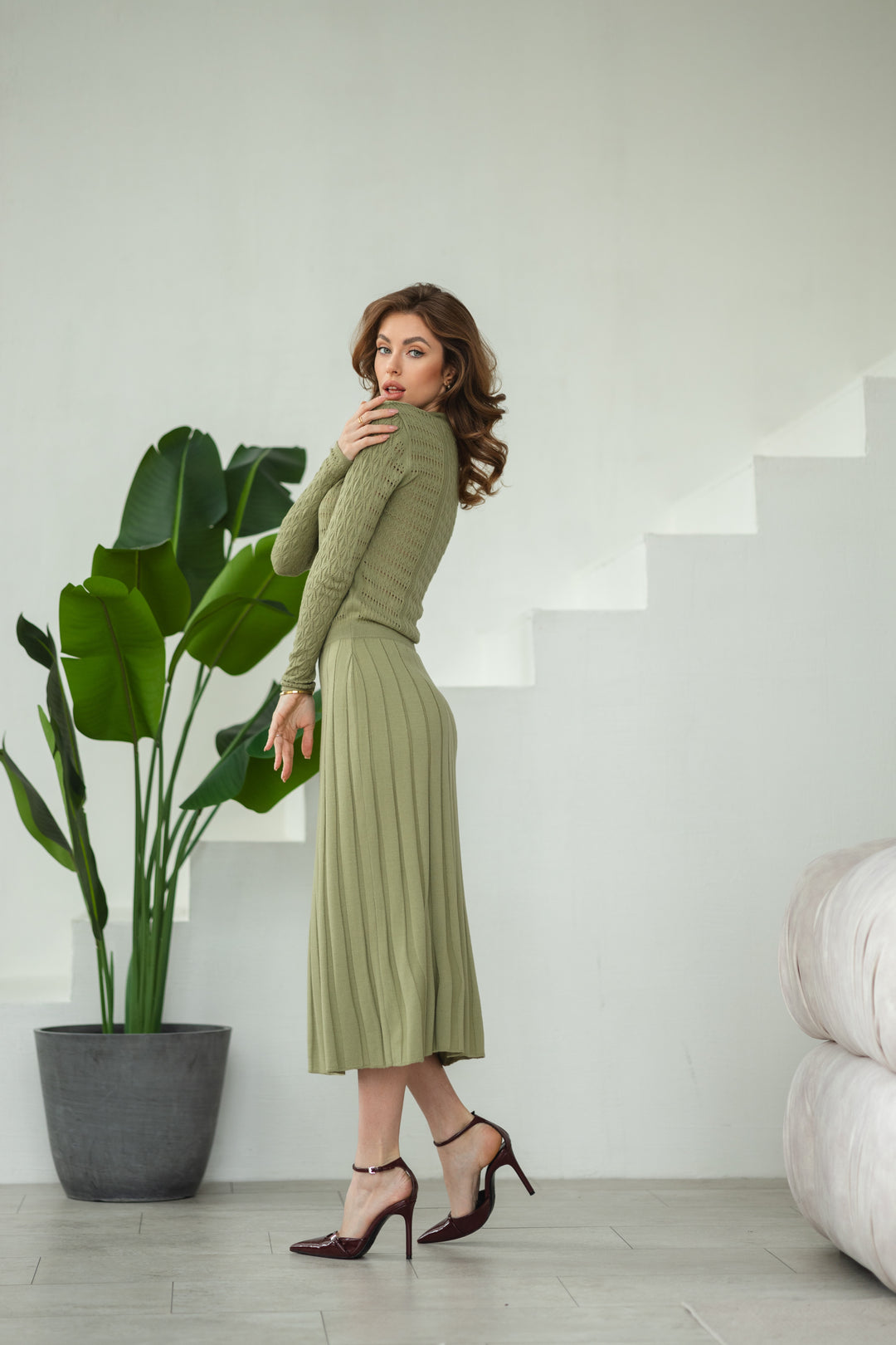 Knit Hollow Out Dress Olive Green