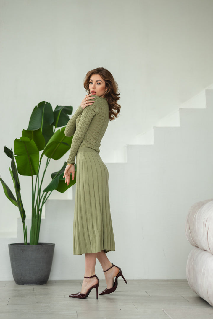 Knit Hollow Out Dress Olive Green