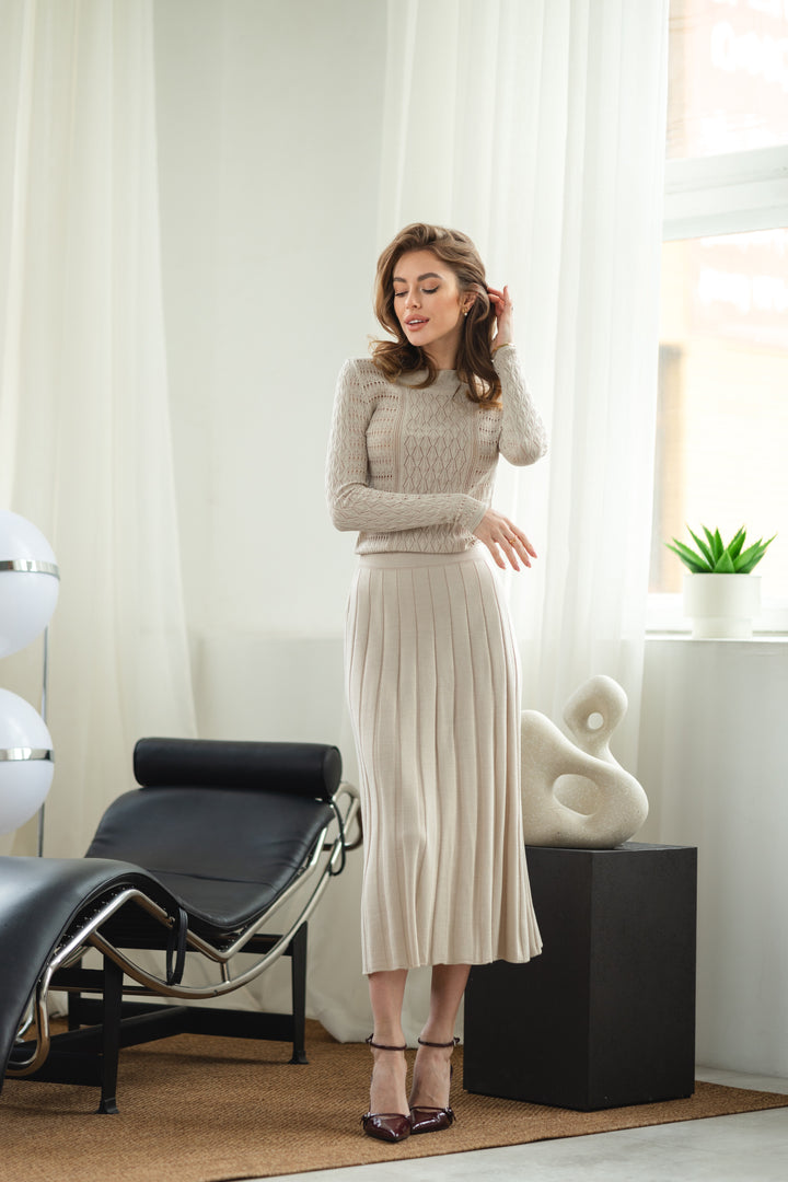 Beige Knit Midi Hollow Out Dress
