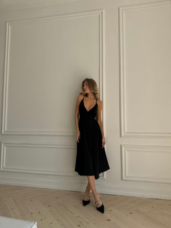 Full length black silk satin slip dress for evening event or formal dinner
