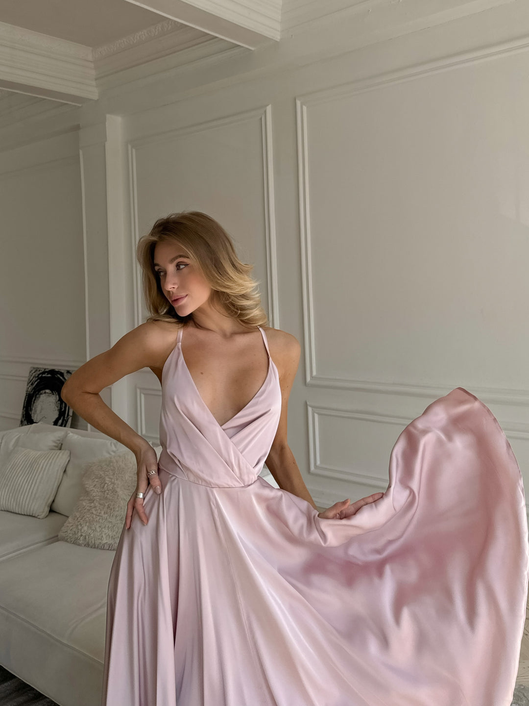 Blush pink silk slip dress with adjustable shoulder straps — close up