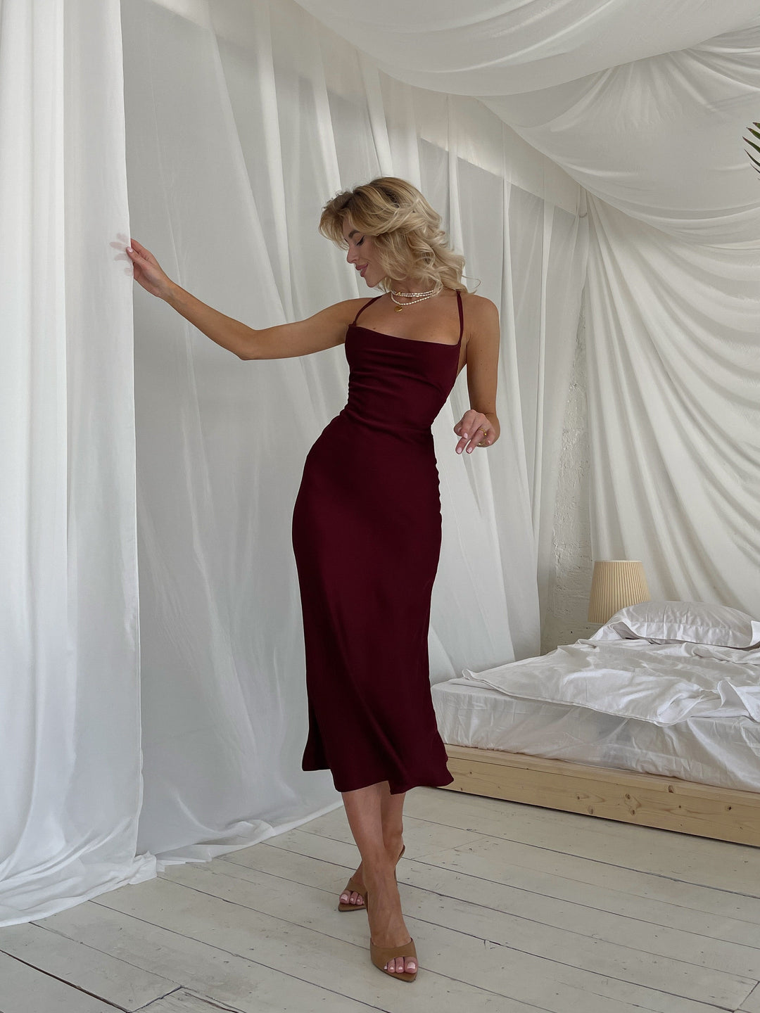 maroon burgundy silk polyester dress slip cowl sleeveless midi for other holiday birthday wedding portrait pageant party dance front view