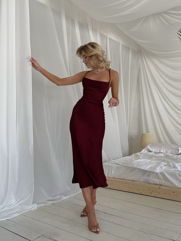 maroon burgundy silk polyester dress slip cowl sleeveless midi for other holiday birthday wedding portrait pageant party dance front view