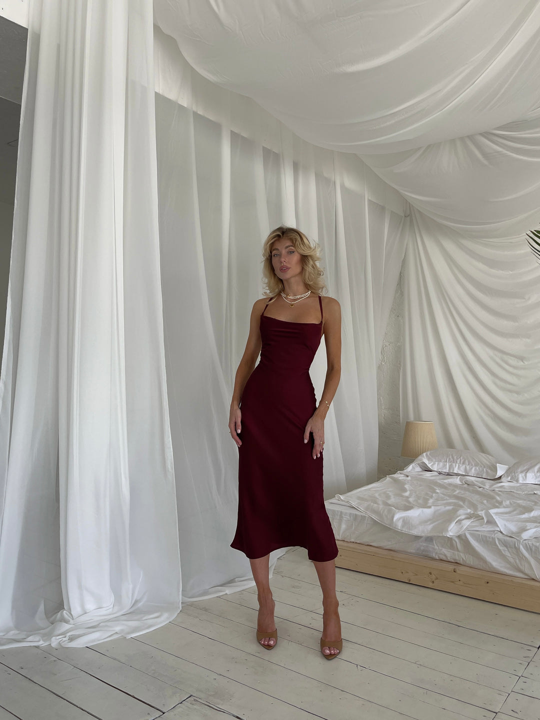Silk polyester blend fabric detail burgundy cowl neck slip dress