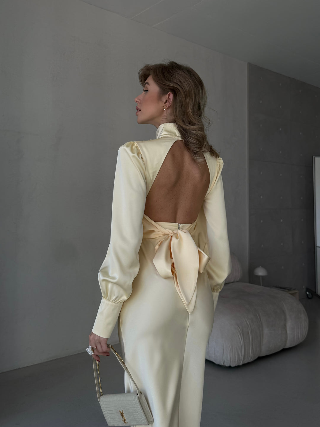 minimalist butter yellow silk satin midi dress exuding a clean girl aesthetic and effortless evening elegance