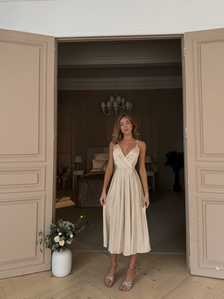 Warm cream vanilla silk slip dress with adjustable shoulder straps