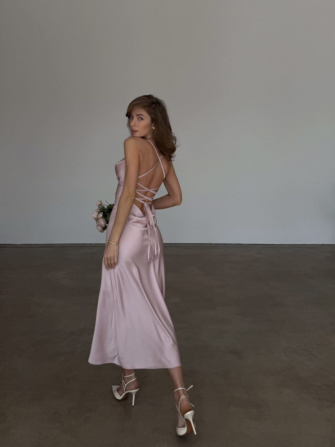 Dusty Pink Silk Slip Midi Dress Criss-Cross Back