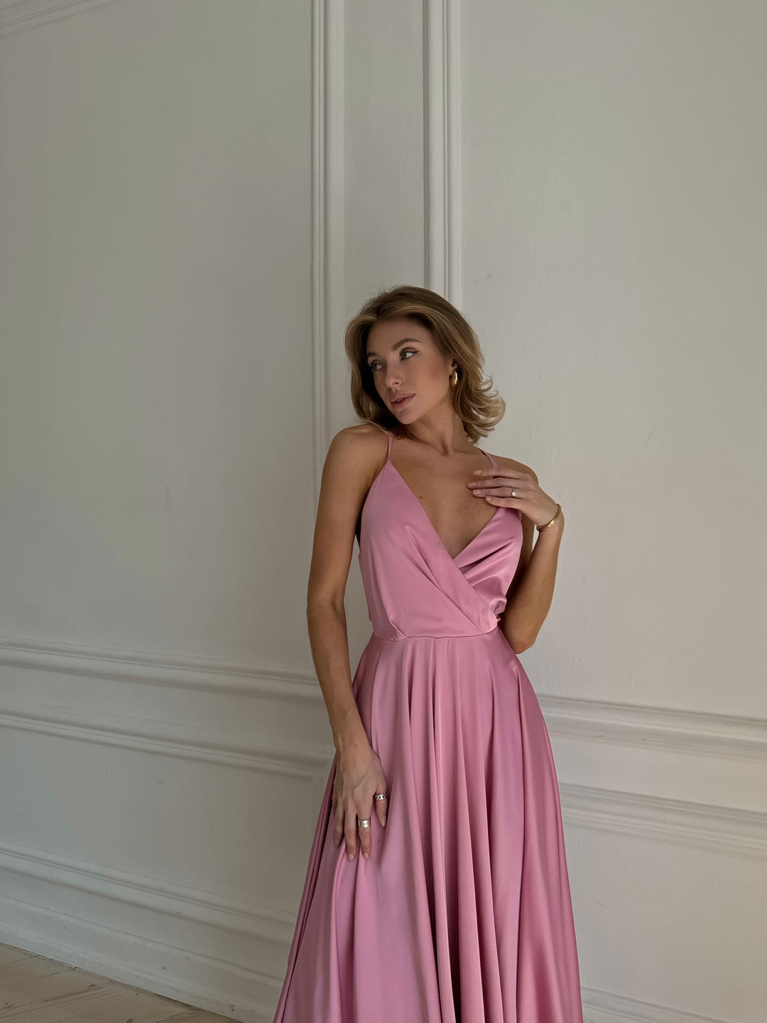 Dusty pink silk slip dress — editorial full length styling shot