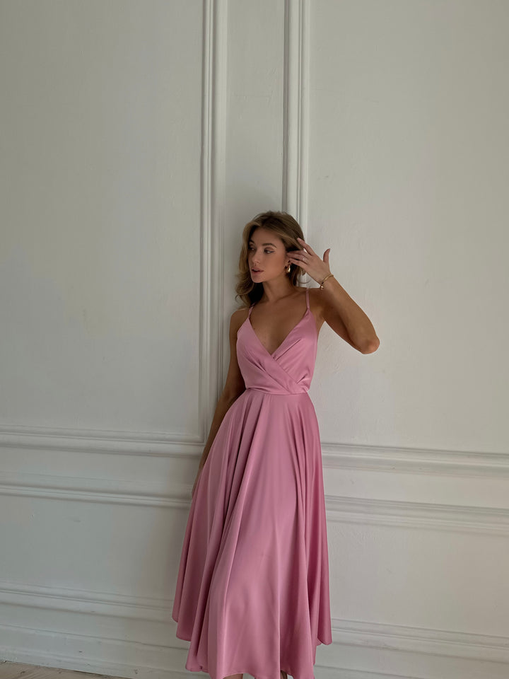 Full length dusty pink silk slip dress for wedding guest or formal event