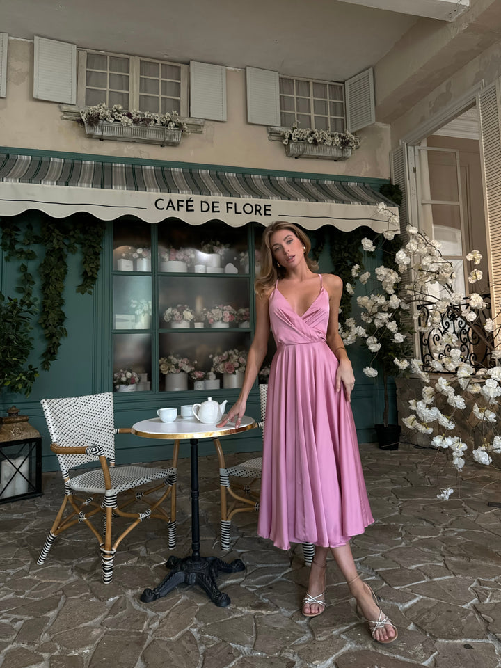 Dusty rose silk satin midi dress for bridesmaid or formal occasion