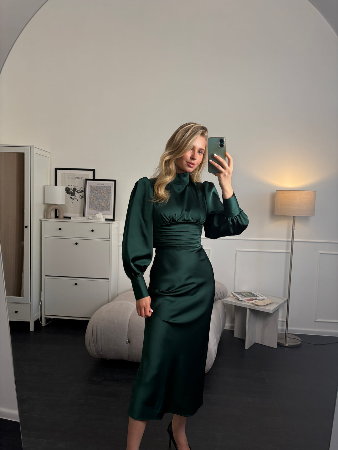 Zina emerald green silk satin midi dress with bow tie back — modelled and styled, EvolveUA