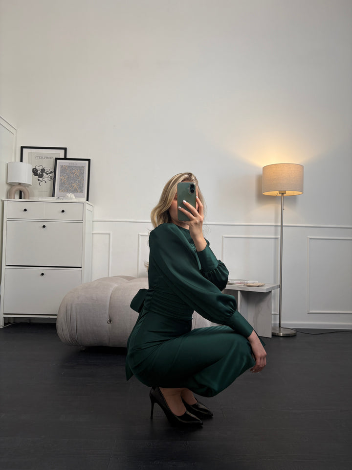 Emerald green long sleeve midi dress in motion — Italian silk satin fabric with natural drape
