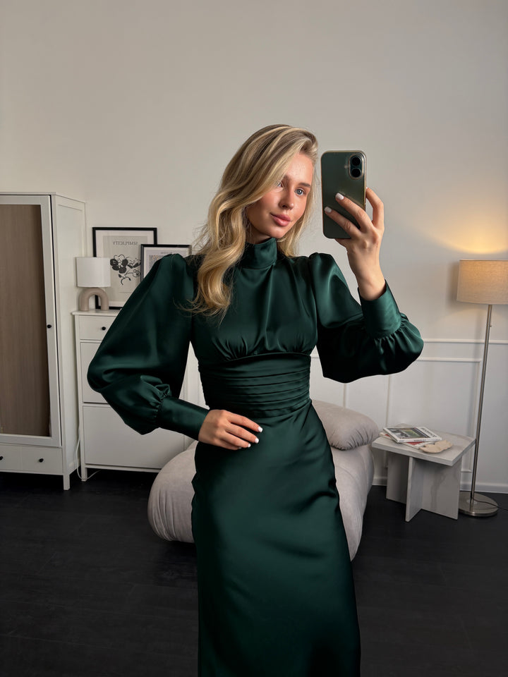 Emerald green silk satin midi dress with long sleeves — front view, fitted sheath silhouette