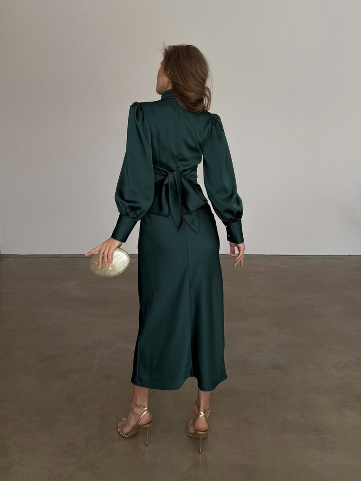 Zina Bow Tie Back Midi Dress Emerald Green