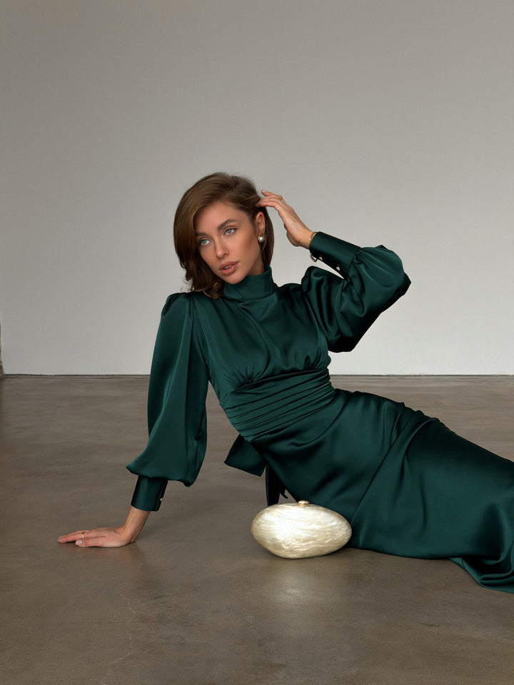Zina Bow Tie Back Midi Dress Emerald Green