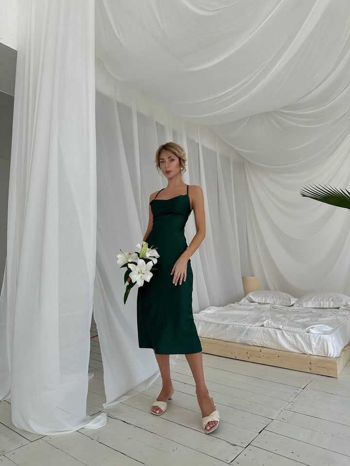 Emerald green silk satin slip dress full length