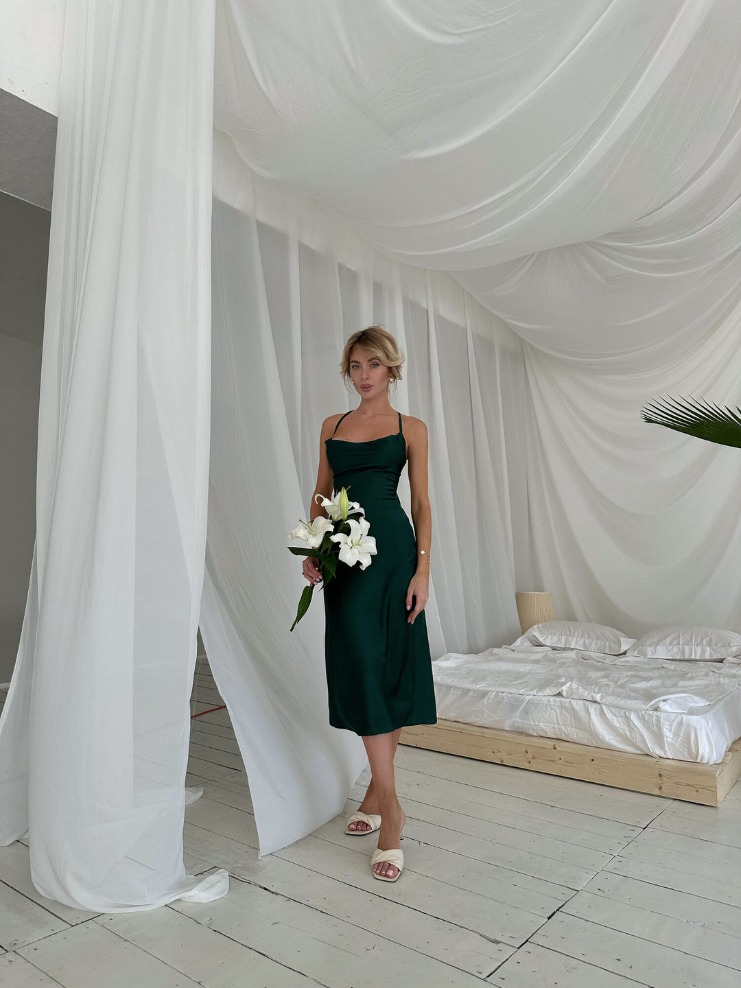 Emerald green satin slip dress full length. Midi length, cowl neckline, tied back