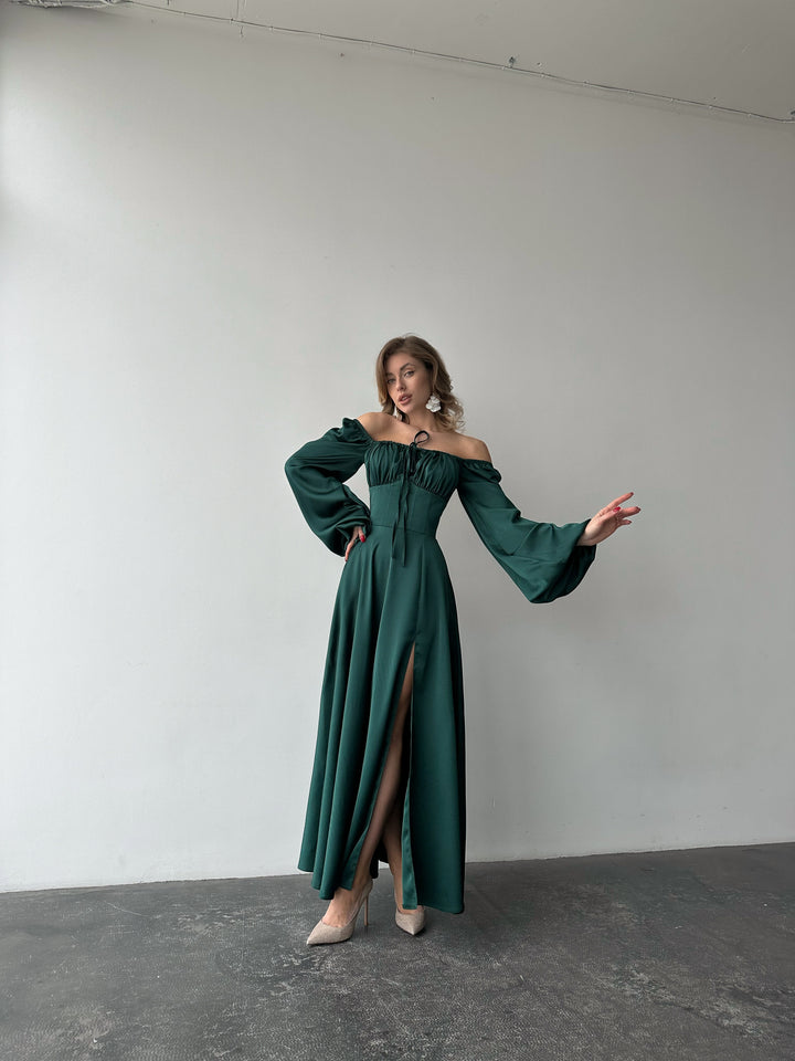 emerald silk polyester dress a-line other long maxi for religious-ceremony birthday holiday pageant dance party other front view