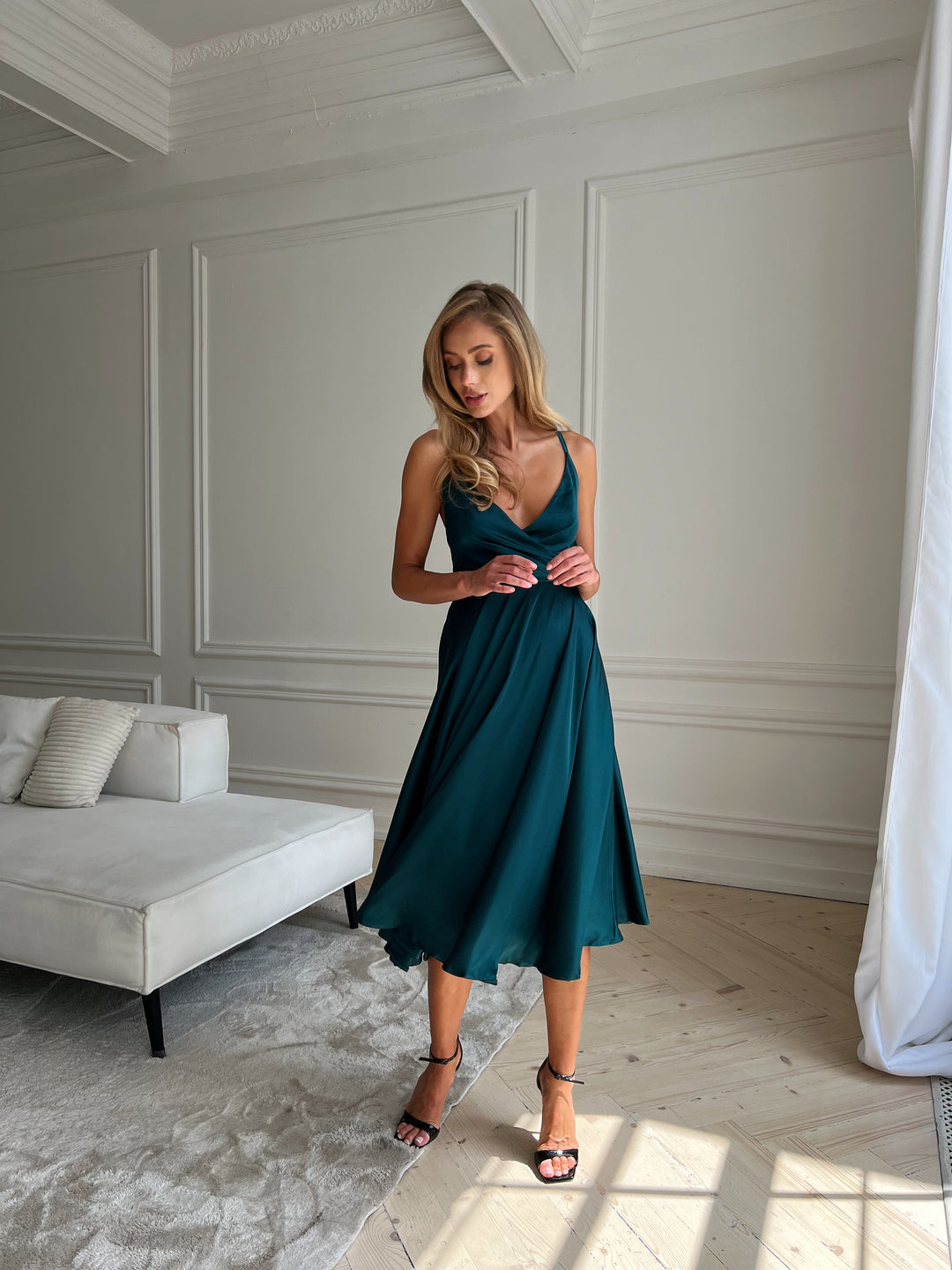 Forest green silk slip dress for cocktail party or formal event