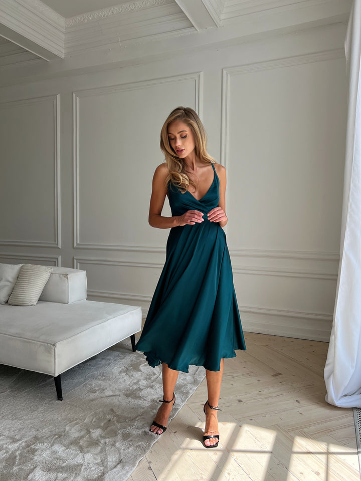 Forest green silk slip dress for cocktail party or formal event