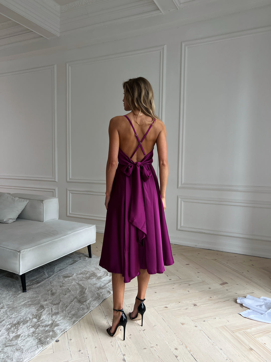 Bright fuchsia silk midi dress for bridesmaids or birthday celebration