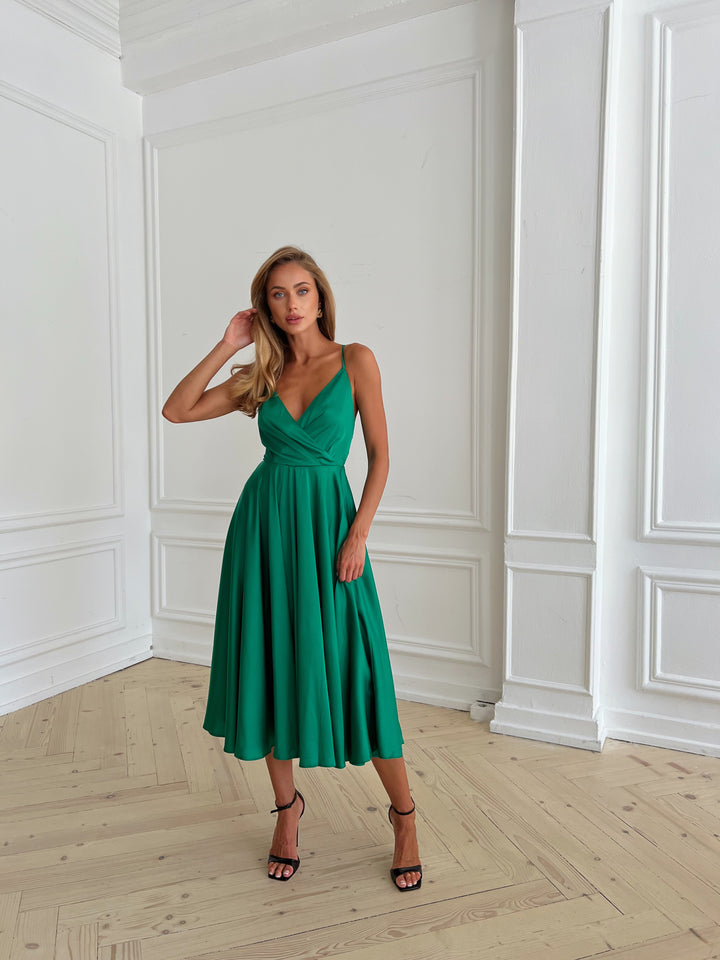 Bright grass green open back silk dress for bridesmaids or formal events