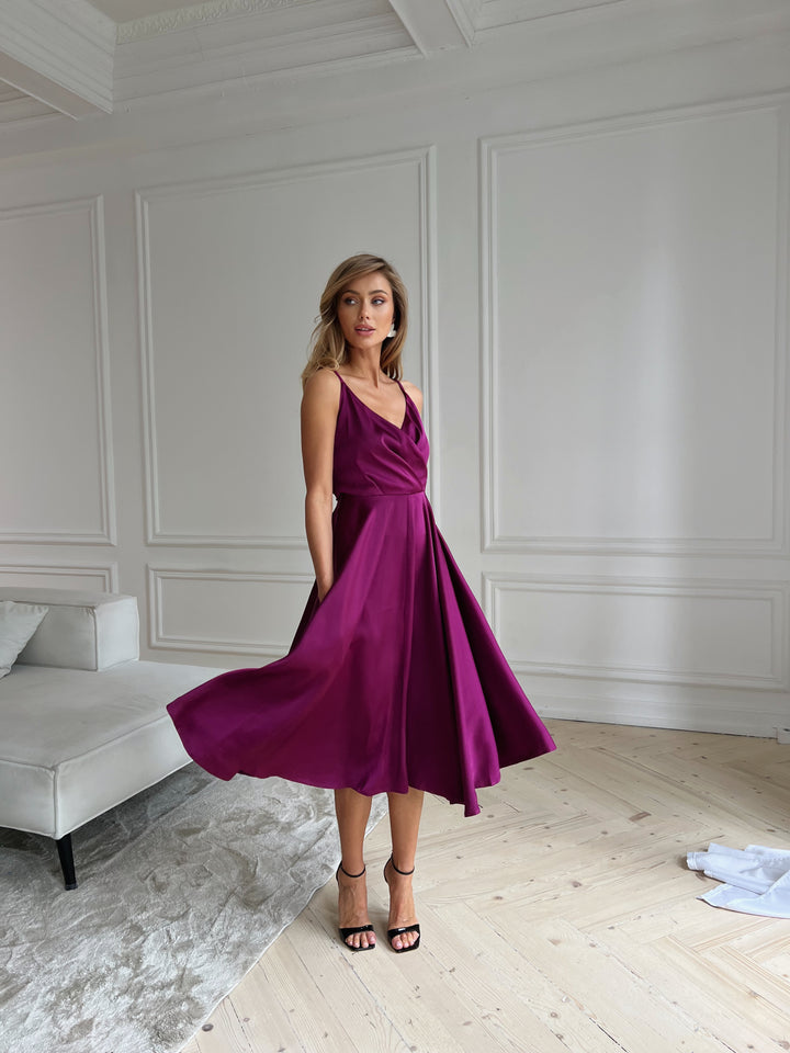Hot pink silk satin midi dress with adjustable straps and open back