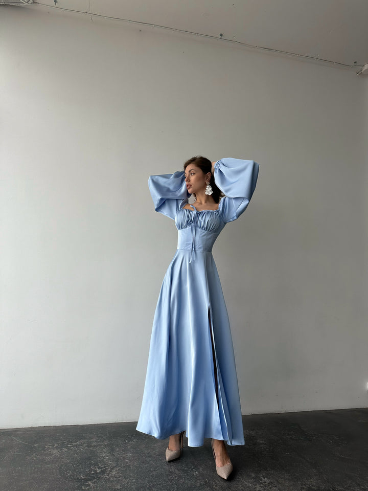 baptism light blue maxi satin dress