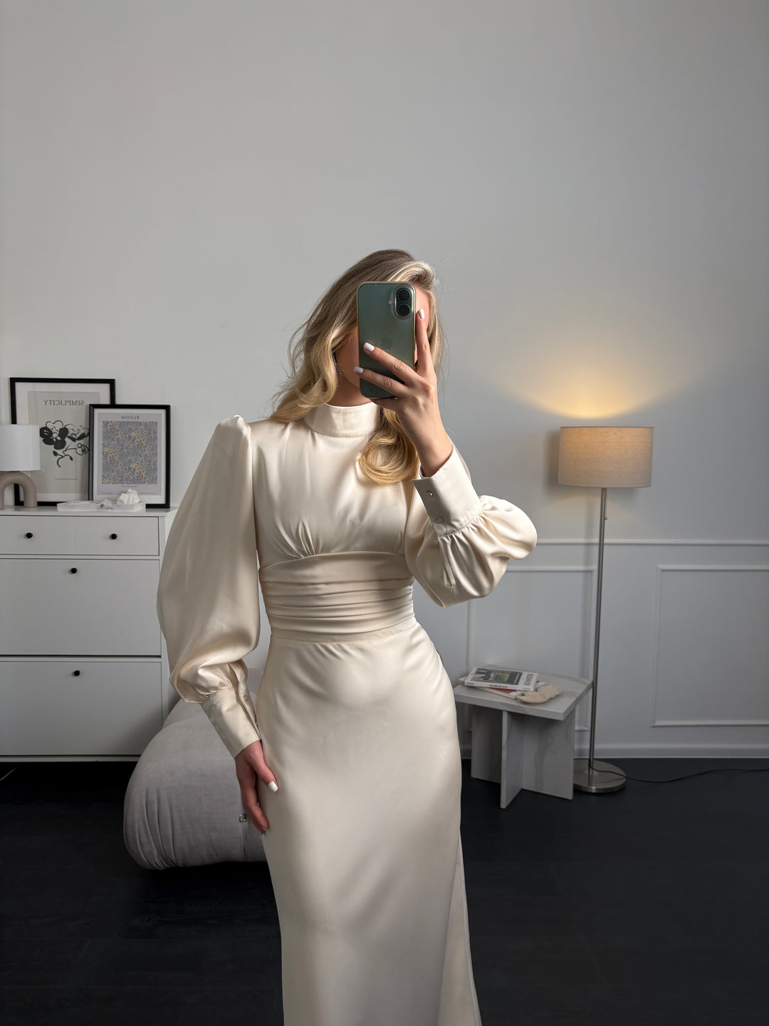 Chic ivory satin midi dress with long sleeves and bow neckline, minimalist wedding dress for civil ceremony or intimate celebration