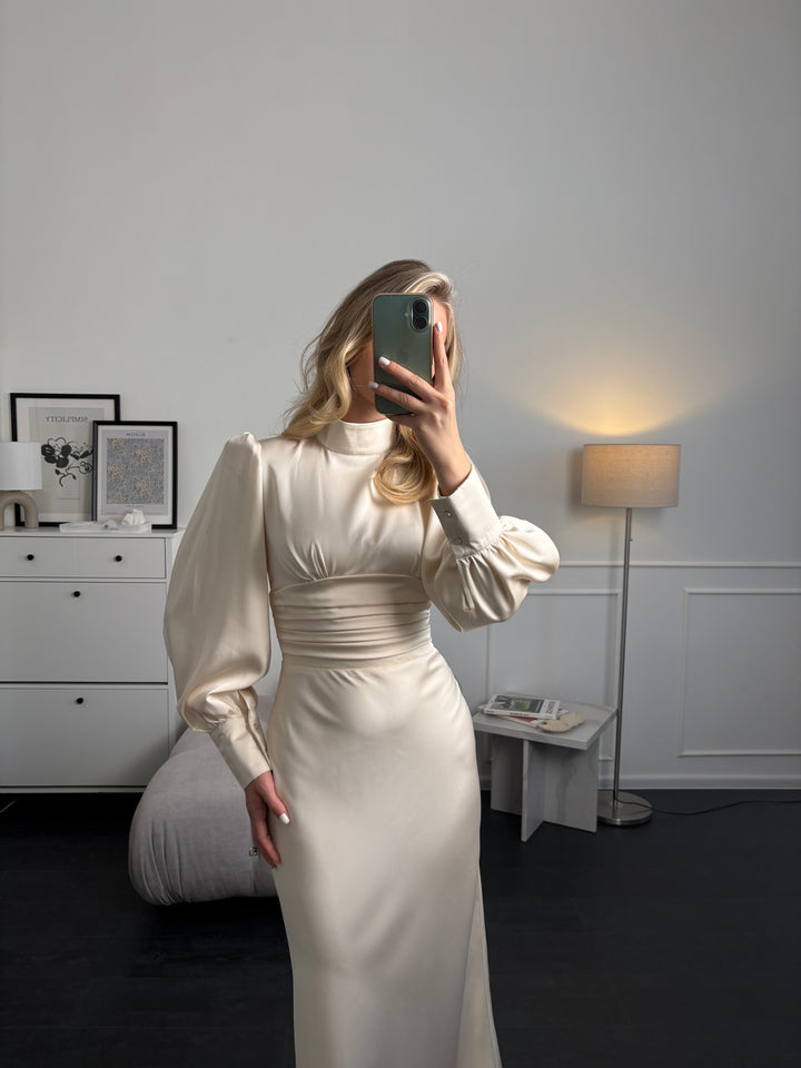Chic ivory satin midi dress with long sleeves and bow neckline, minimalist wedding dress for civil ceremony or intimate celebration