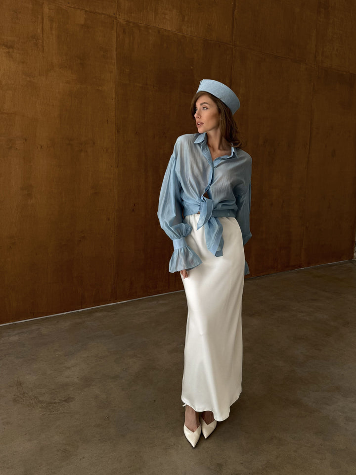 Ivory satin midi skirt with elegant summer and minimal design.
